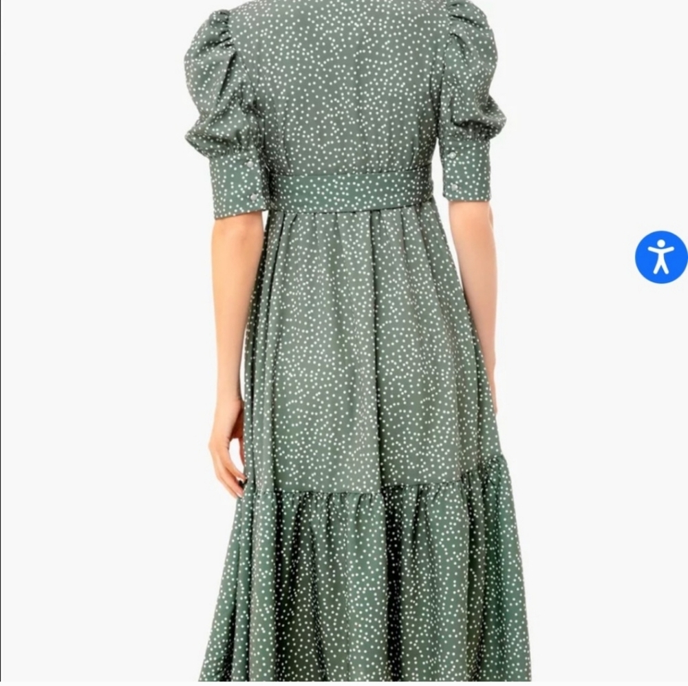 OPT Green Papin Short Balloon Sleeves Belted Midi Sundress Small Polka Dots - Picture 4 of 16